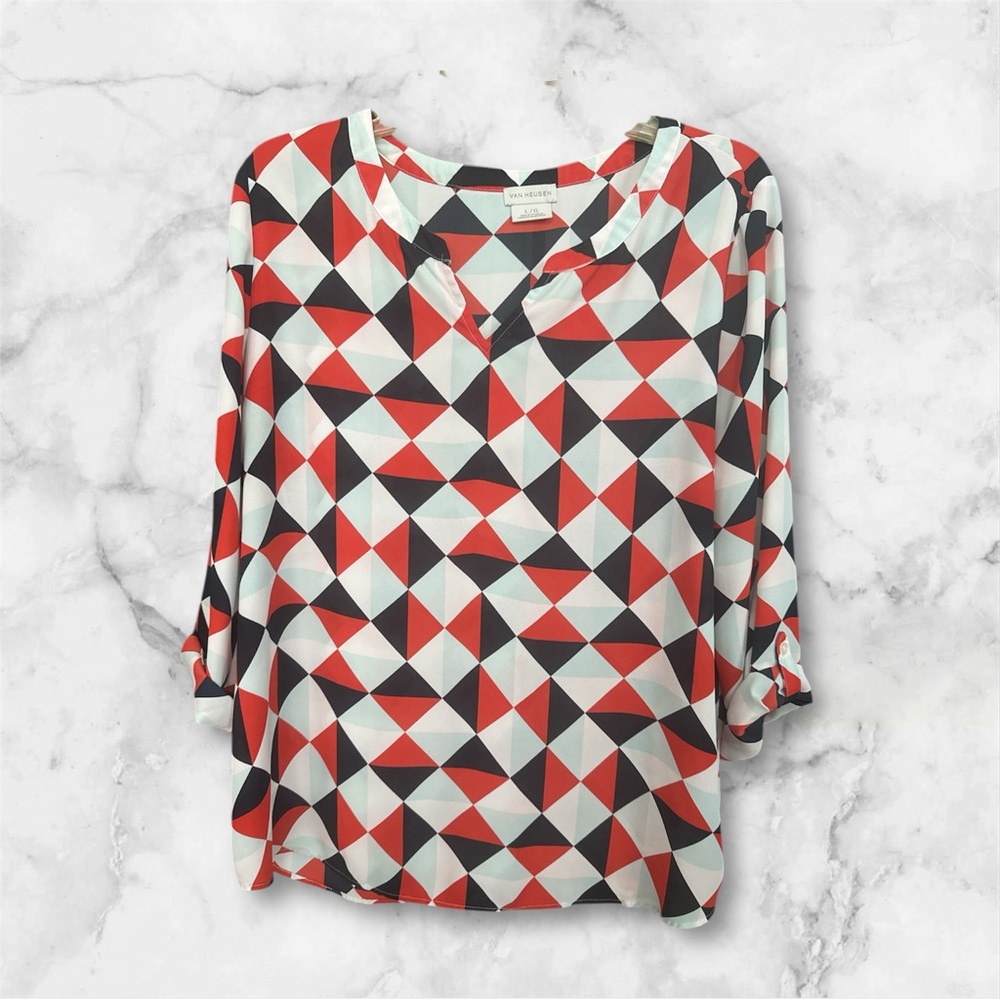 Van Heusen Argyle Roll Tab Sleeve Lightweight Blouse EUC